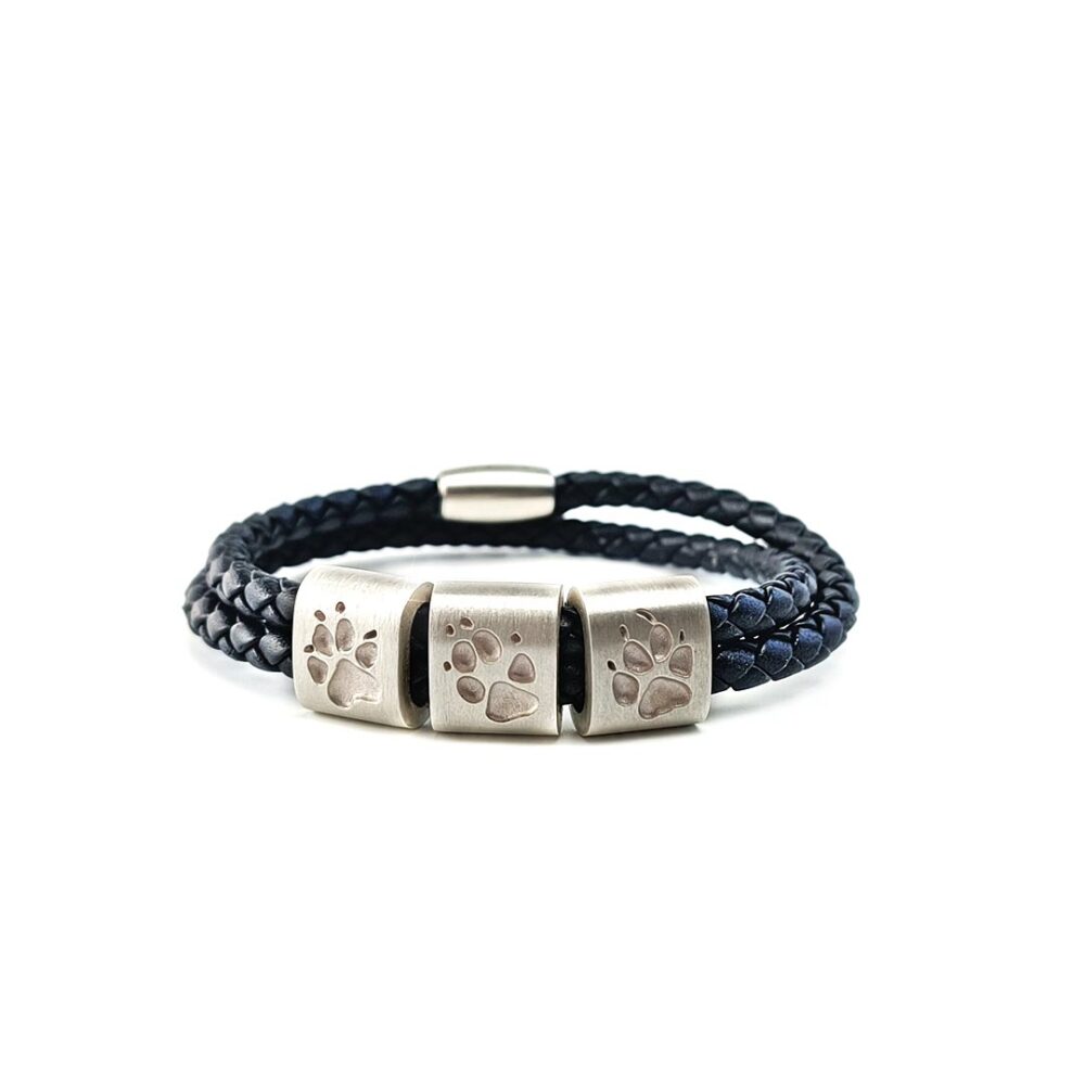 Personalisiertes Leder Armband mit Pfotenabdruck Hund silber 3 Clips-silber