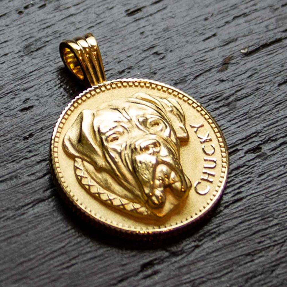 Personalisierte Münzkette mit Bild 3D-Portrait Hund gold Werkbank